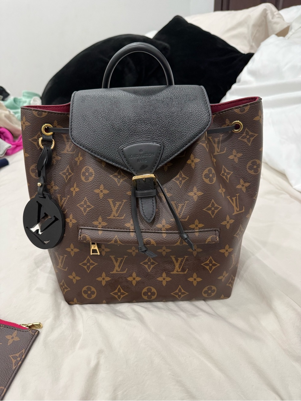 Louis Vuitton Brown Monogram Canvas Backpack with Black Leather Trim
